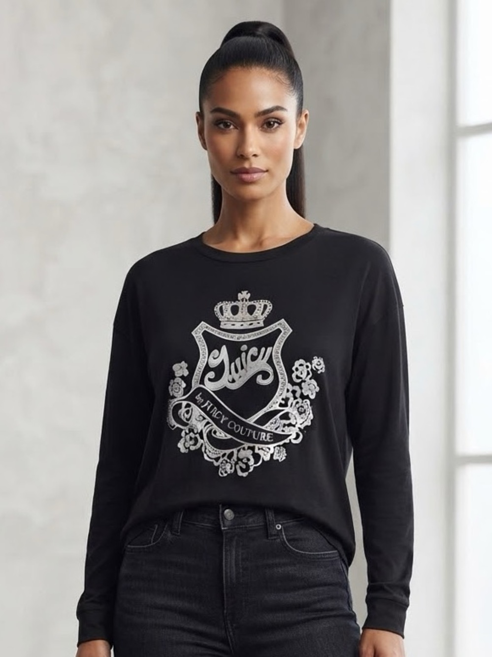 Juicy by Juicy Couture Black Long Sleeve Top Crest Logo Size Large